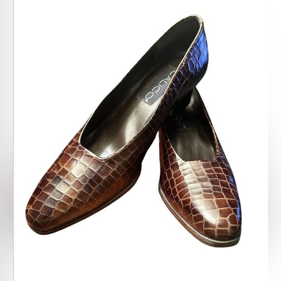 Vintage Calico Women’s Heels. English6. Brown Crocodile-Embossed Size 8 - Picture 1 of 8